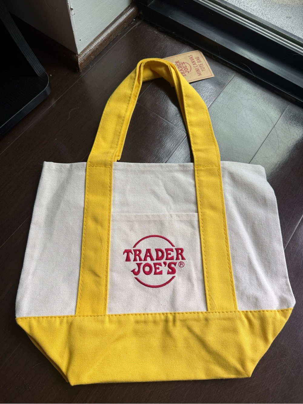 NWT Trader Joe's Yellow & White Mini Canvas Tote Bag